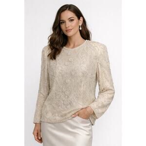 Niteline Della Roufogali Women Silk Top XL Sequins Beaded Evening Luxury Vintage